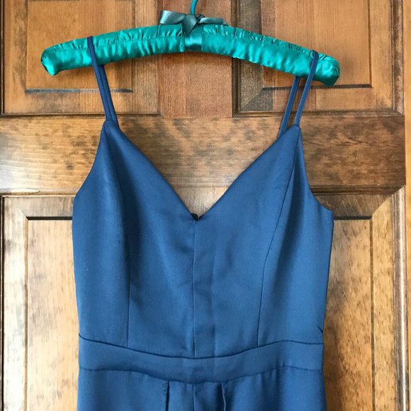 NWT Dynamite Silky Dark Blue Split Leg Jumpsuit w/Spaghetti Straps X-Small - Picture 2 of 15